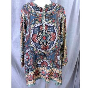 Johnny Was Womens Silk Medallion Print Roll Tab Sleeve Tunic Top Teal XS